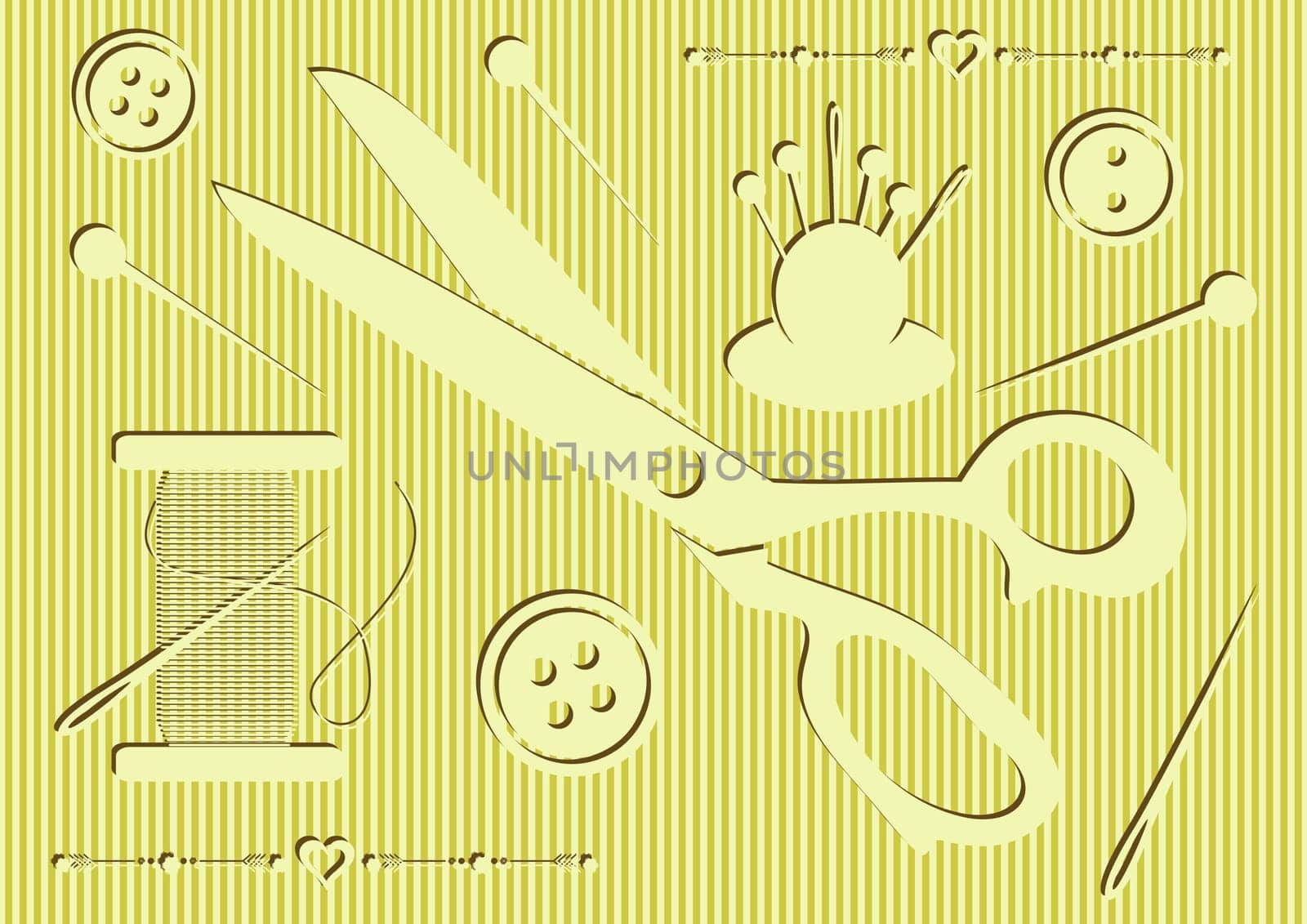 Retro vintage vector sewing icons on striped background