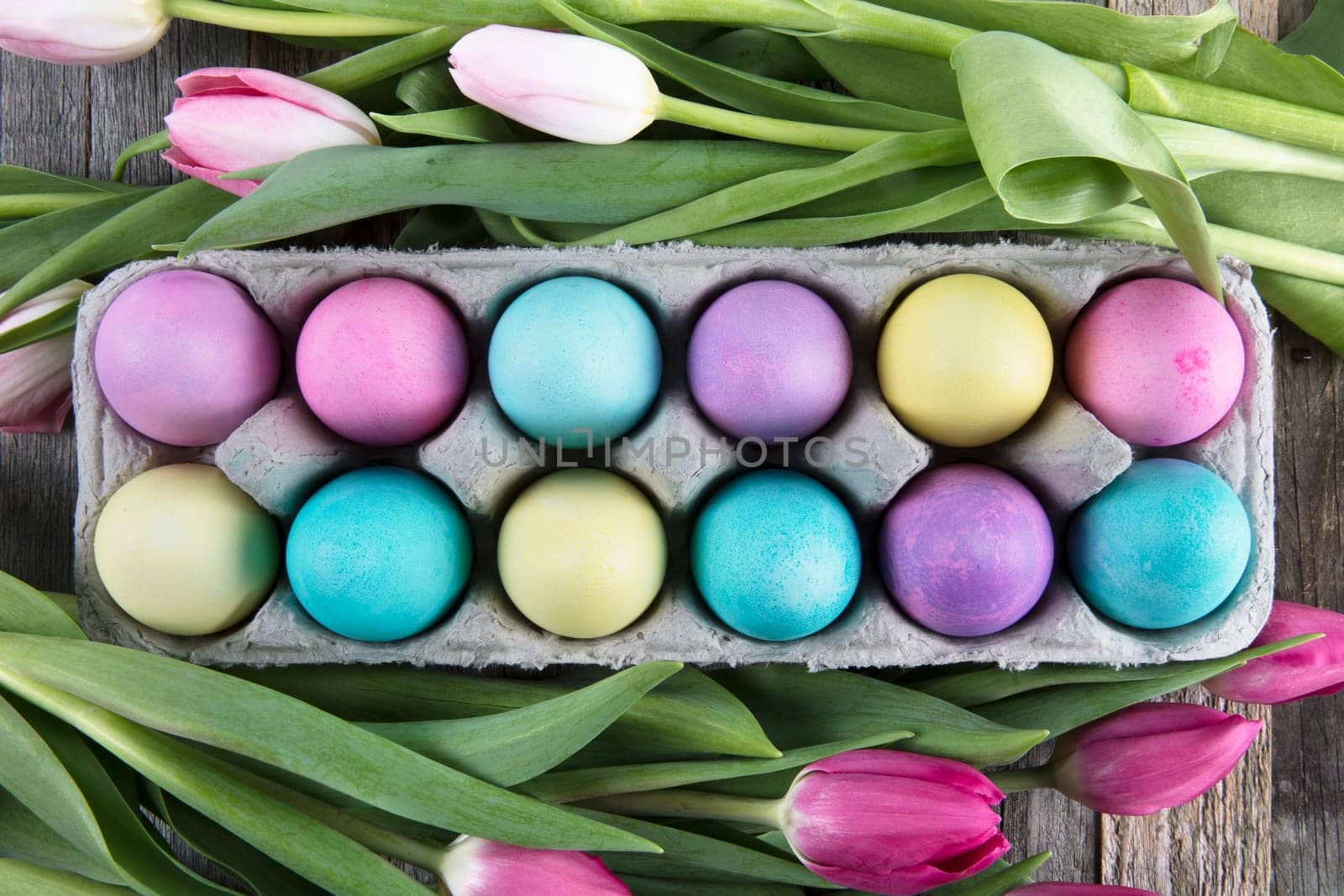 Colorful Easter eggs in carton surrounded by tulip.