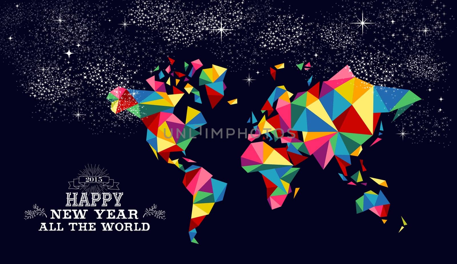 Happy new year 2015 greeting card or poster design with colorful triangle world map and vintage label illustration. EPS10 vector file.