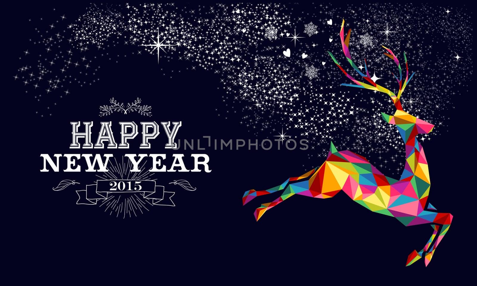 Happy new year 2015 greeting card or poster design with colorful triangle reindeer and vintage label illustration. EPS10 vector file.