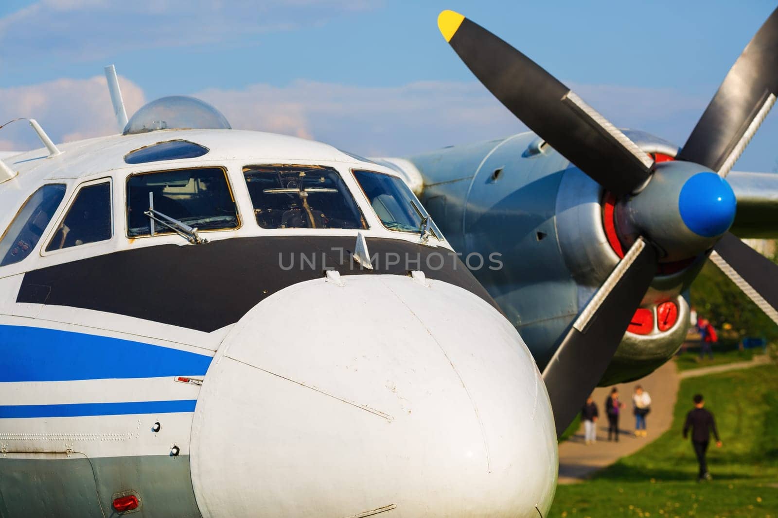 Close-up cabin and fuselage of an old passenger plane. Decommissioned aircraft.