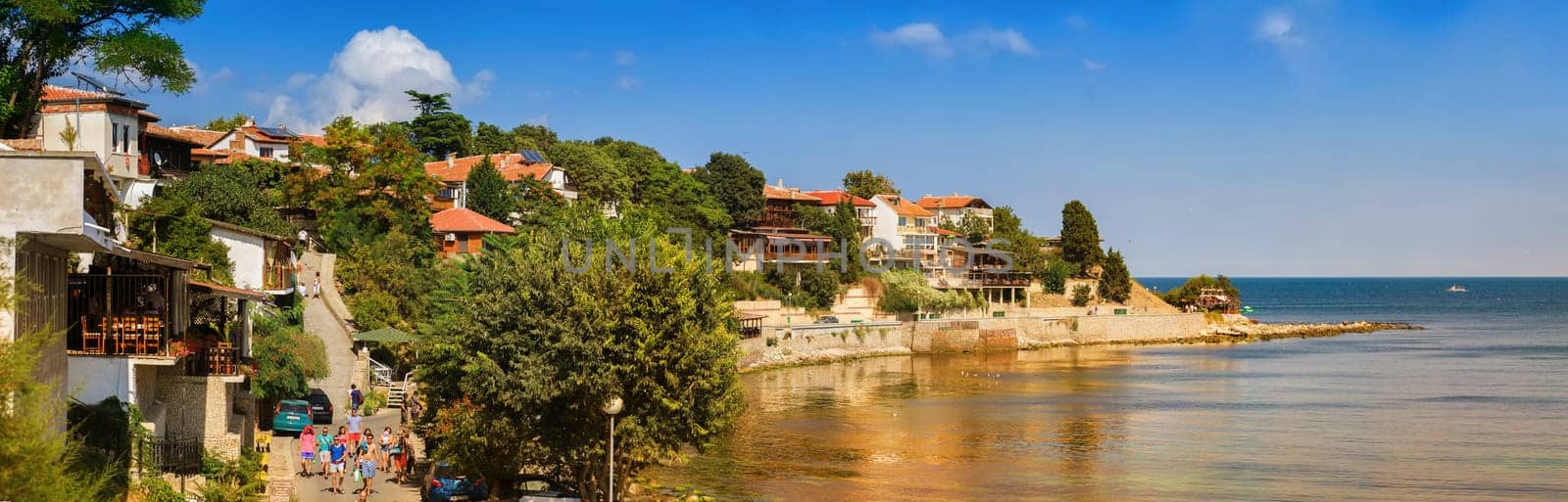 Nesebar, Bulgaria - August 30, 2013: Seaside resort and ancient old town Nesebar in Bulgaria. Bulgarian Black Sea Coast. UNESCO world heritage site. Panoramic shot.