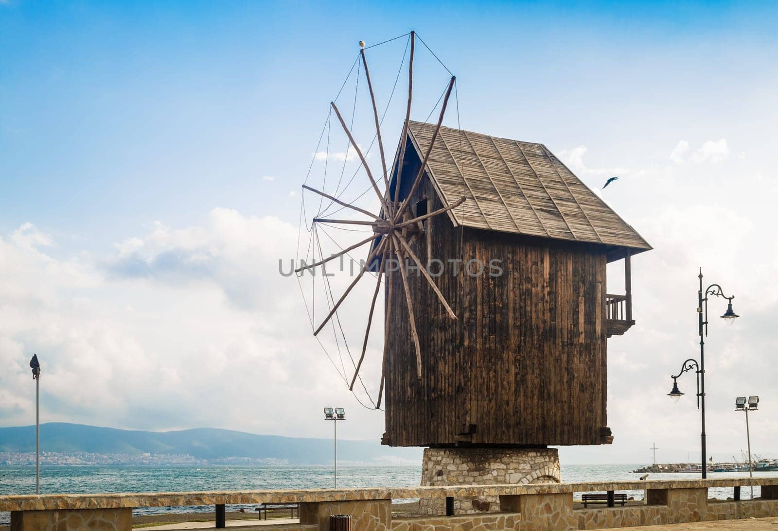 Nesebar, Bulgaria - September 05, 2014: Old windmill in the ancient town of Nesebar in Bulgaria. Bulgarian Black Sea coast. UNESCO world heritage site.