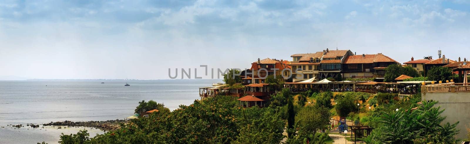 Nesebar, Bulgaria - August 30, 2013: Seaside resort and ancient town Nessebar in Bulgaria. Bulgarian Black Sea Coast. UNESCO world heritage site. Panoramic shot.
