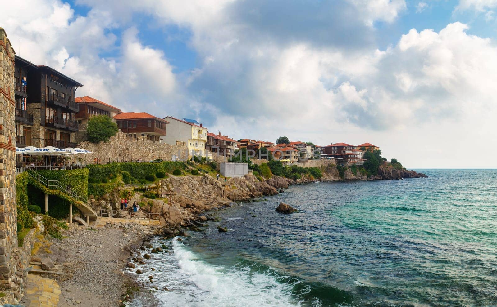 Sozopol, Bulgaria - September 03, 2014: Coastline in the old town Sozopol at Black Sea coast, Bulgaria. Old town Sozopol was founded in the 7th century BC. Today it is one of the major seaside resorts in the country. Architectural and Historic Complex. UNESCO world heritage site.
