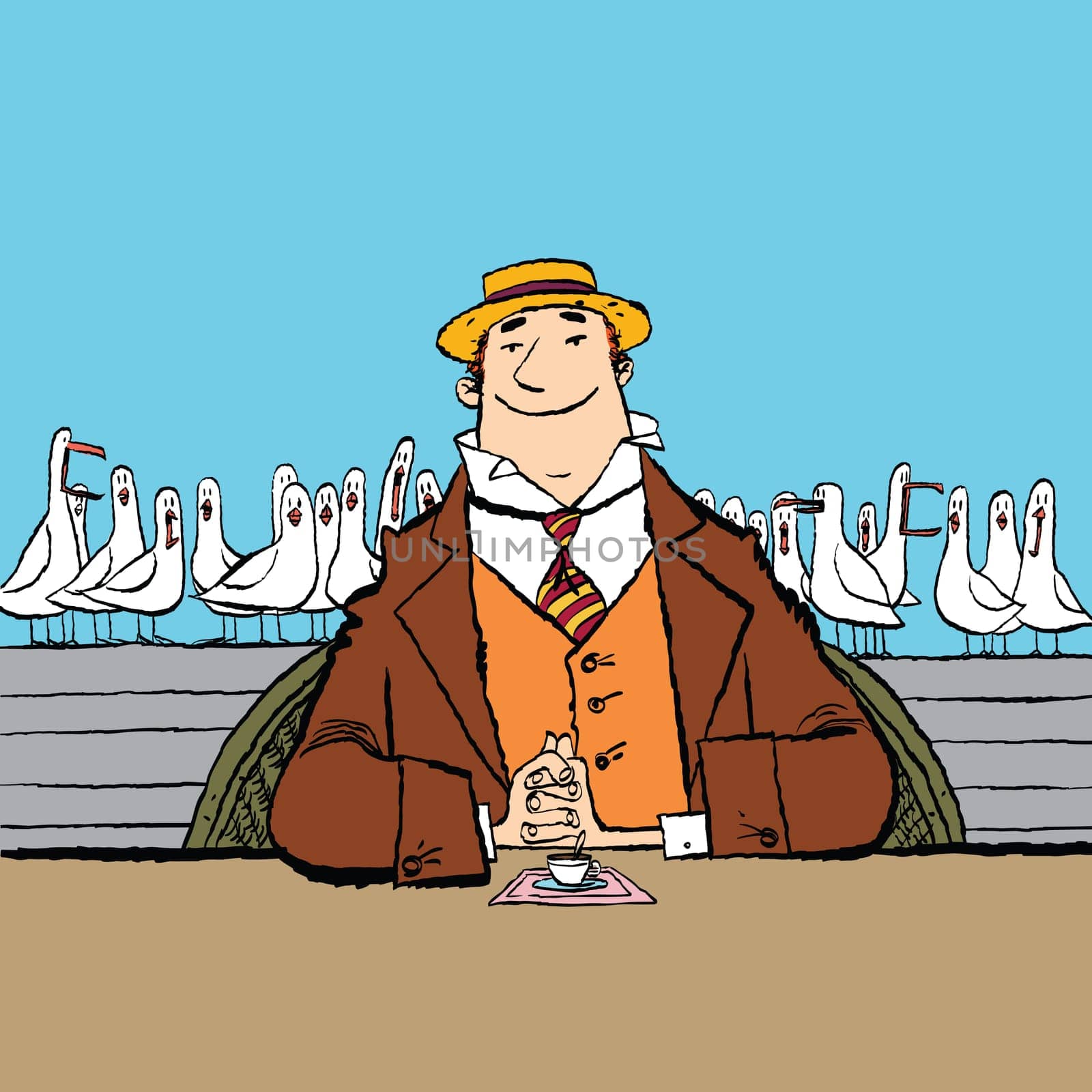 joyful retro man in a restaurant by the sea, cartoon style vector illustration. Seagull