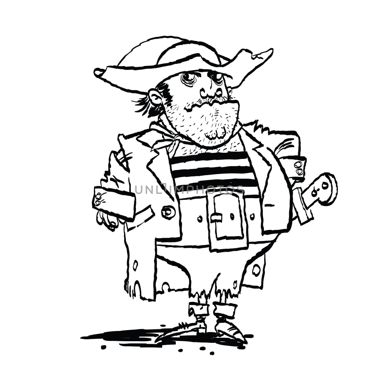 Funny pirate captain, cartoon style vector illustration. Black and white image