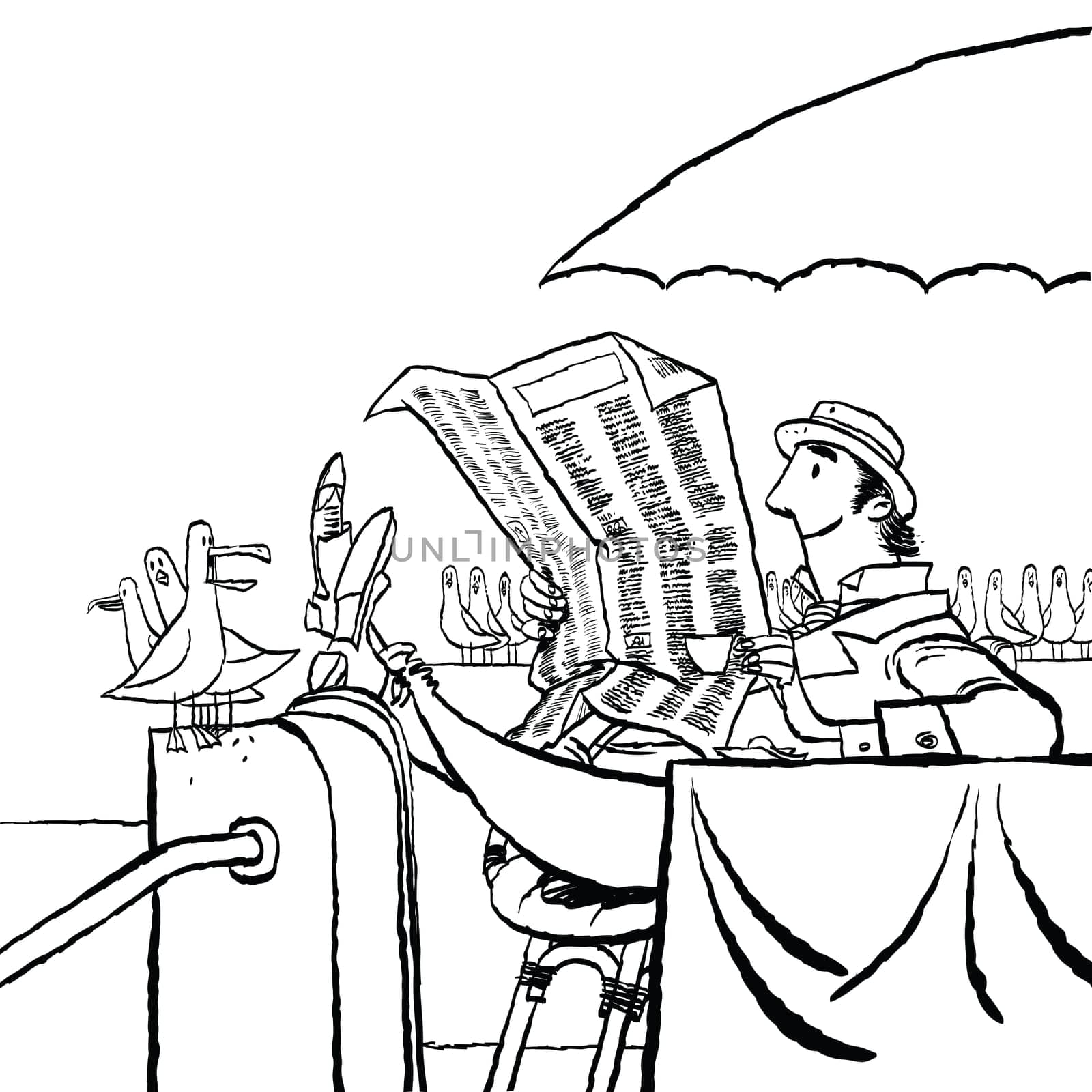 Retro man reading a newspaper by the sea, cartoon style vector illustration