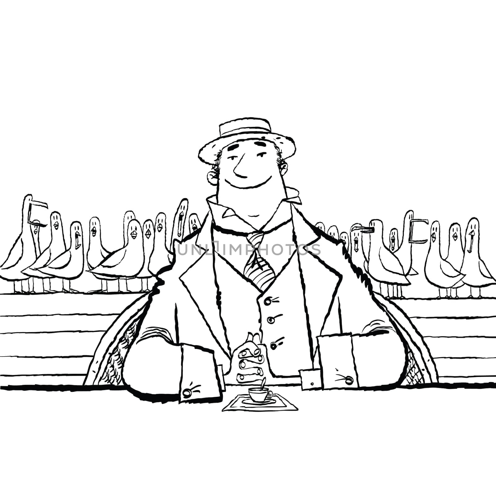 joyful retro man in a restaurant by the sea, cartoon style vector illustration. Seagull