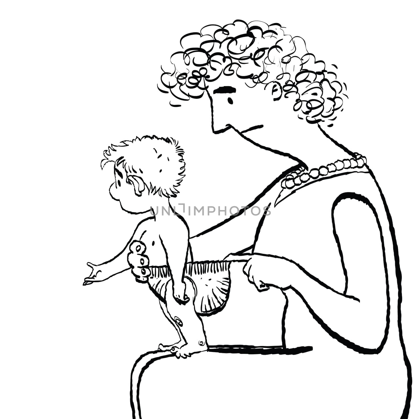 Mom changes baby diaper, cartoon style vector illustration