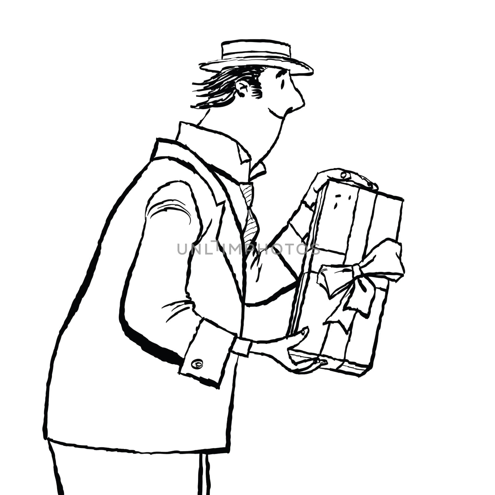 retro man gives a gift, cartoon style vector illustration. Birthday or holiday