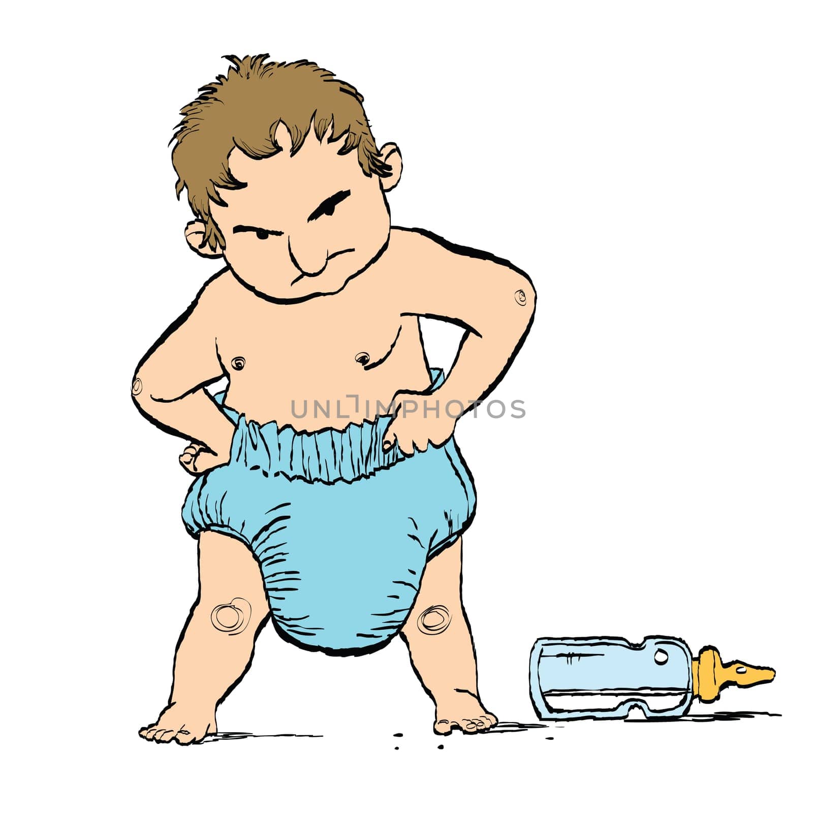 Stubborn toddler in diapers, cartoon style vector illustration