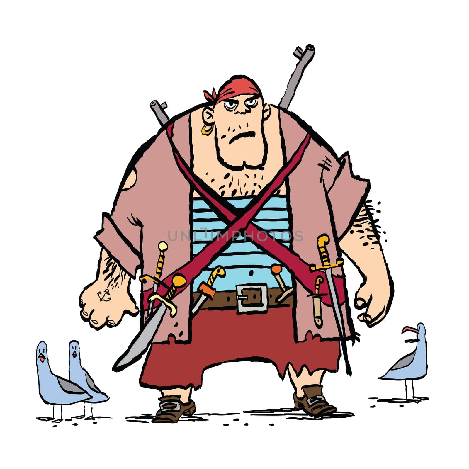 Huge funny pirate and seagulls, cartoon style vector illustration