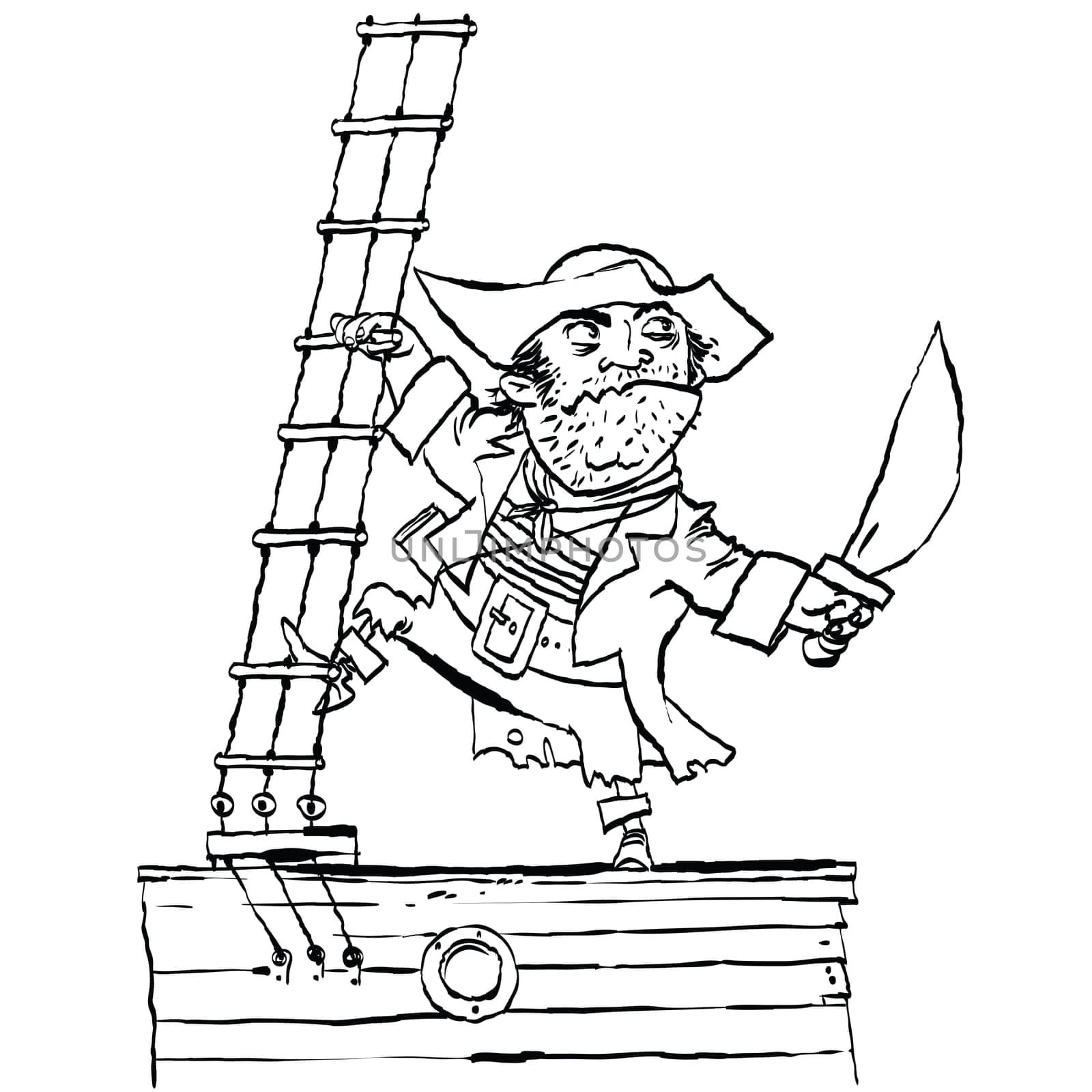 Brave pirate is on Board the ship, cartoon style vector illustration