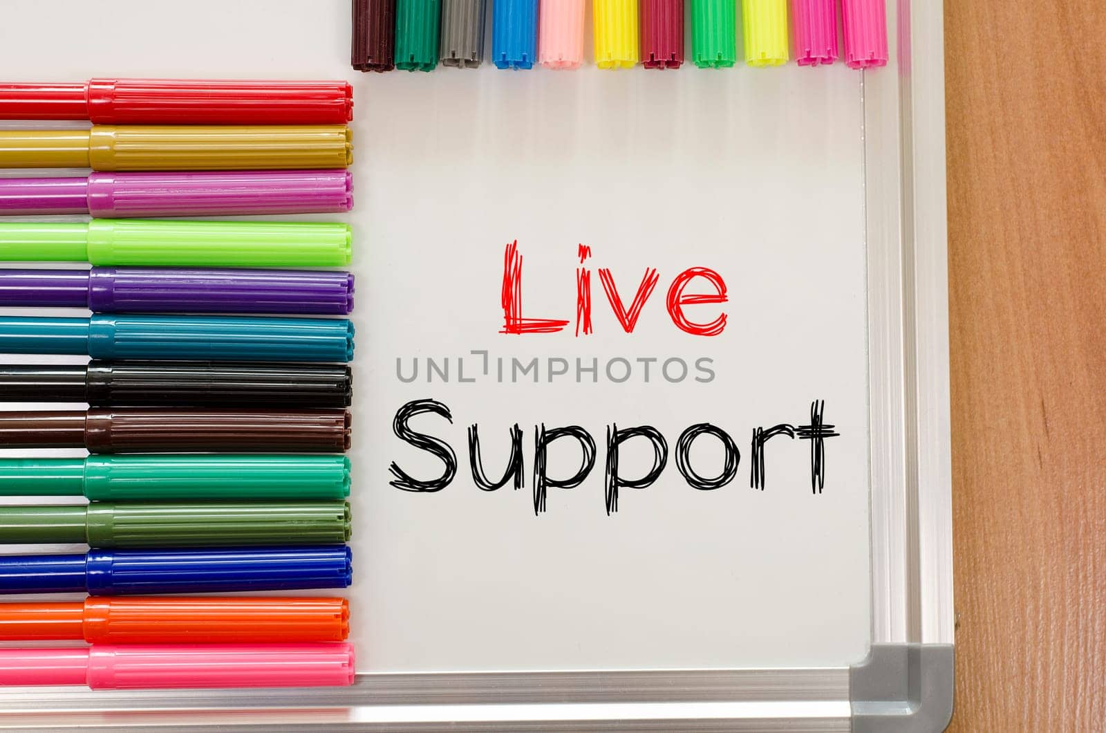 Felt-tip pen and whiteboard on a wooden background and text concept