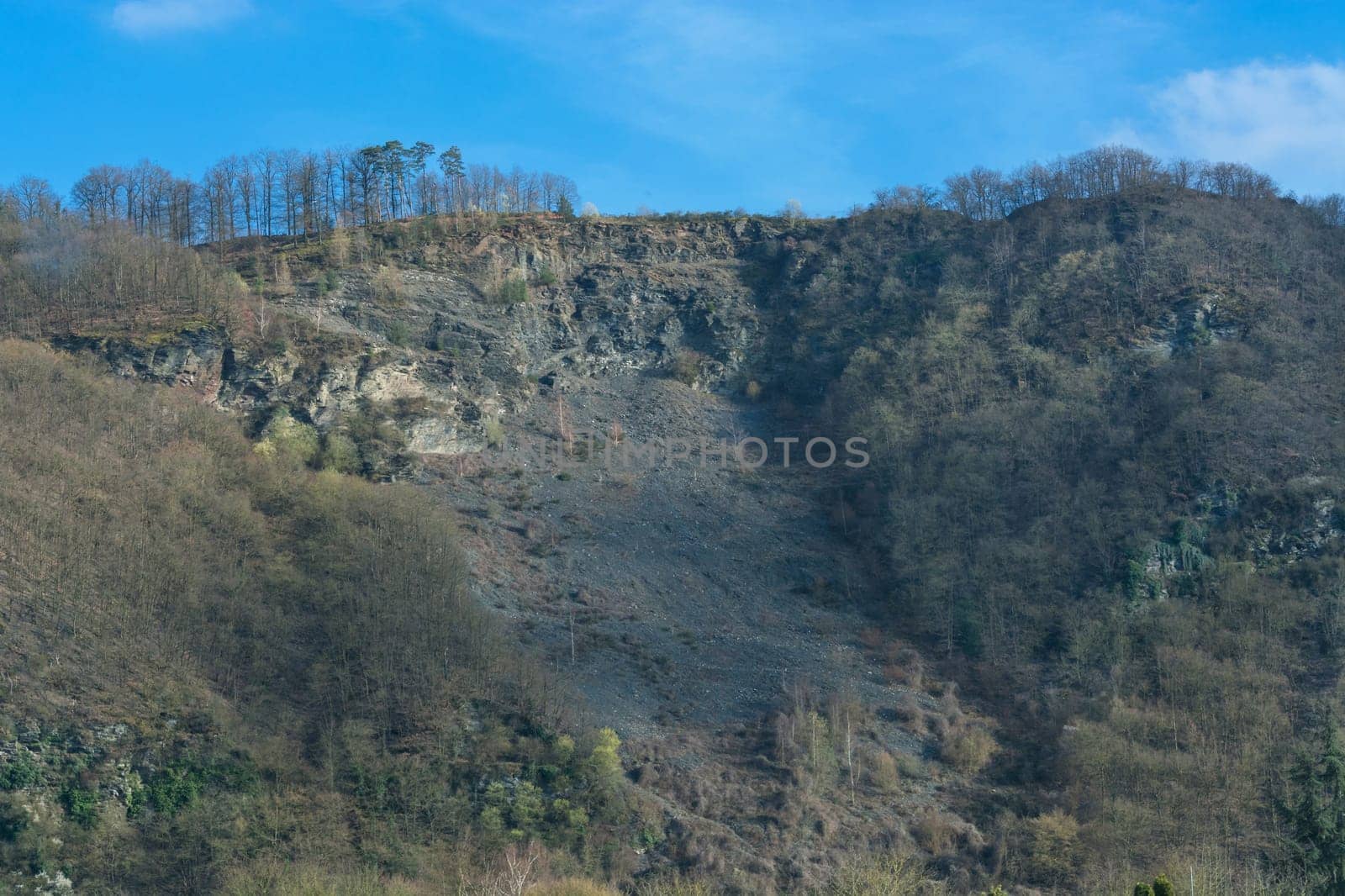 Mountain threatened by landslide. After major rainfall,earth masses and rock masses slide off.
