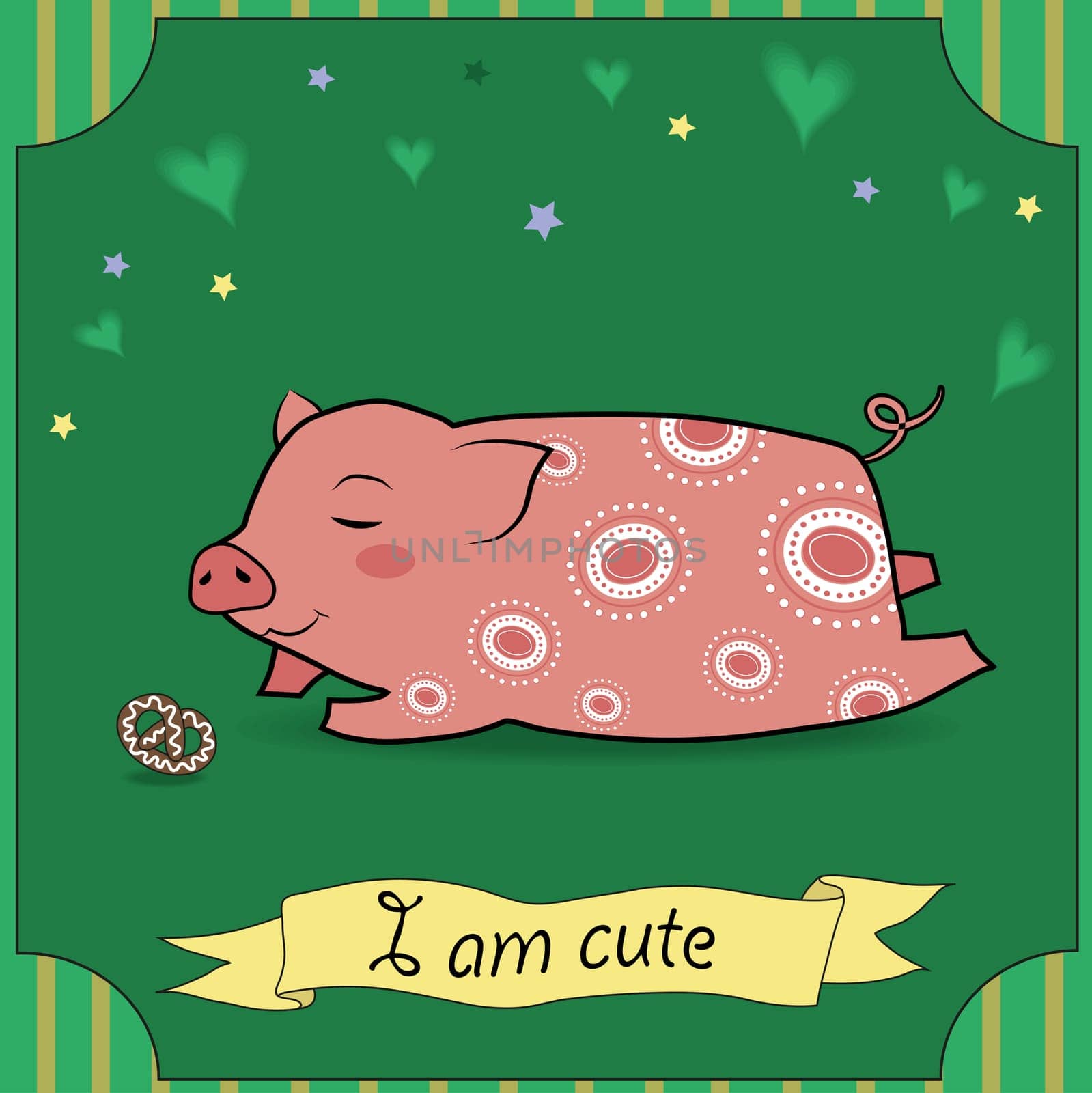 Cute pink Pig with white decor and ginger cake. Vintage card. Colorful hearts and stars with green background. I am cute inscription. Illustration.