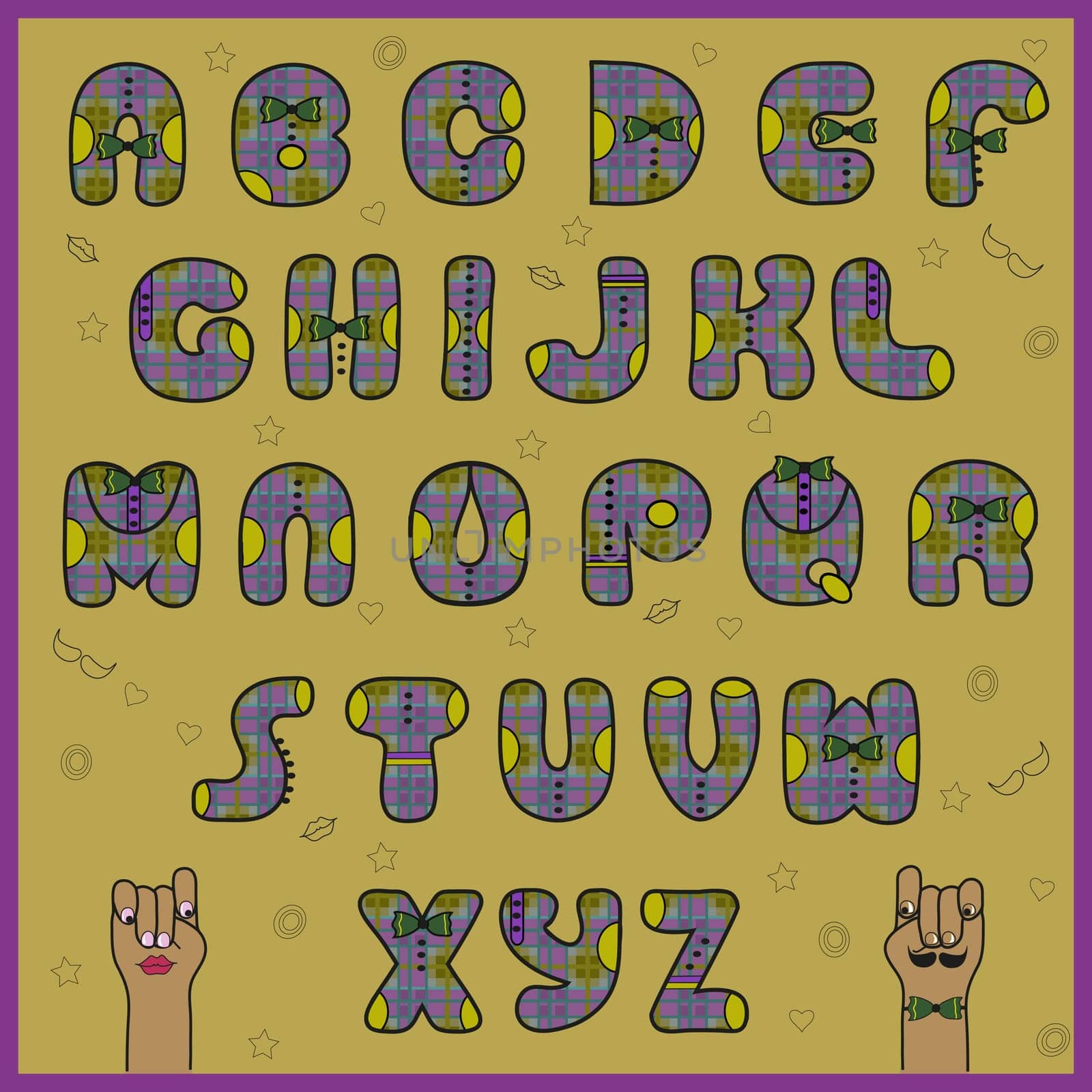 Hipster Alphabet. Letters with shirts and ties. Hipster Font. Dressed letters. Unusual shape. Cartoon hands looking at each other. Illustration.