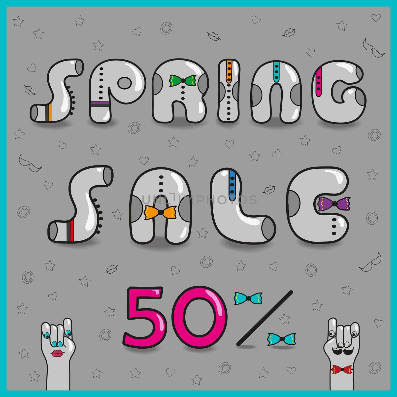 Spring Sale. Fifty percents. Vintage Inscription with hipster style. Gray letters with ties. Cartoon hands looking at each other. Pink symbols. Promo card. Illustration.