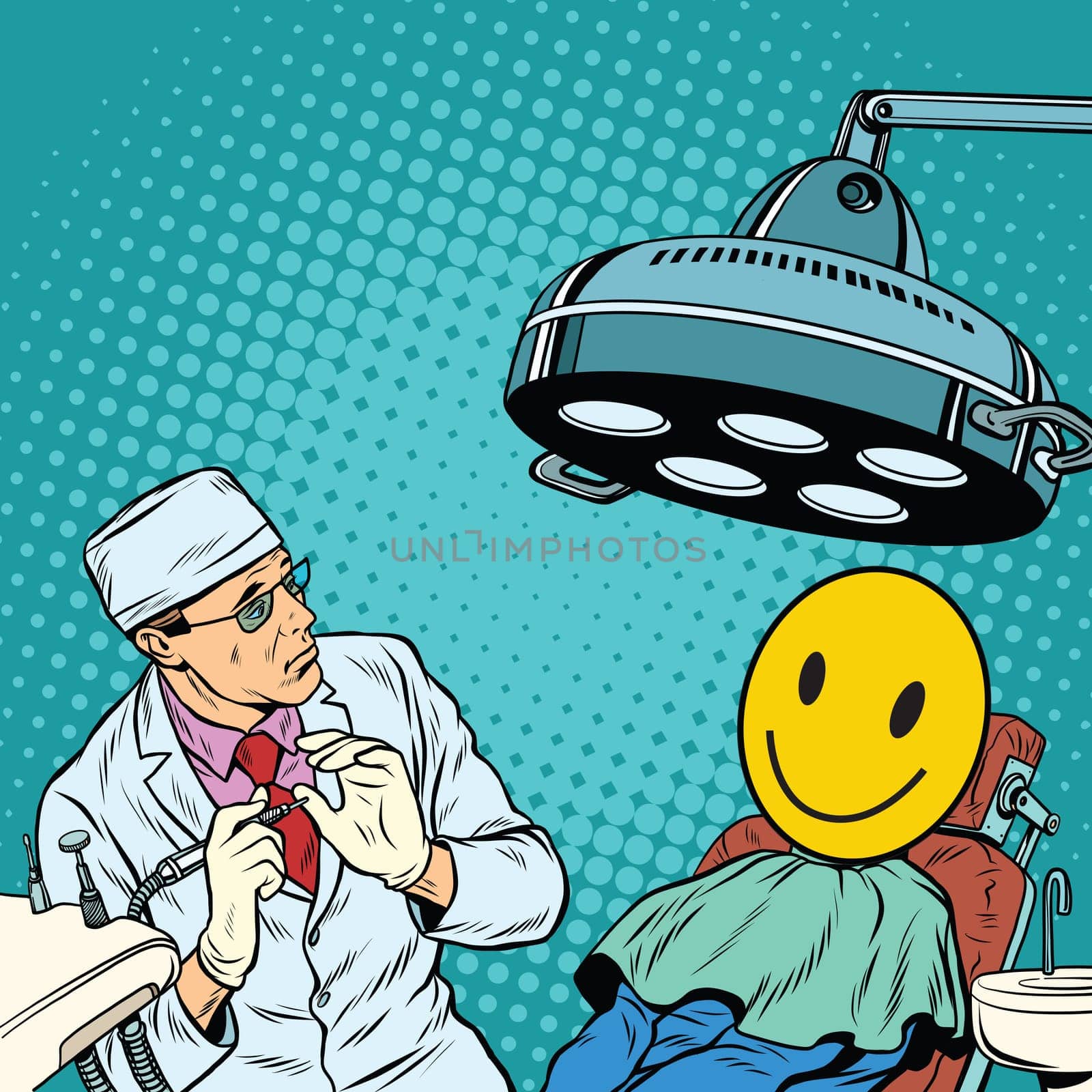 Dentist afraid happy faces. Pop art retro vector illustration. Medical humor. Smiley sign