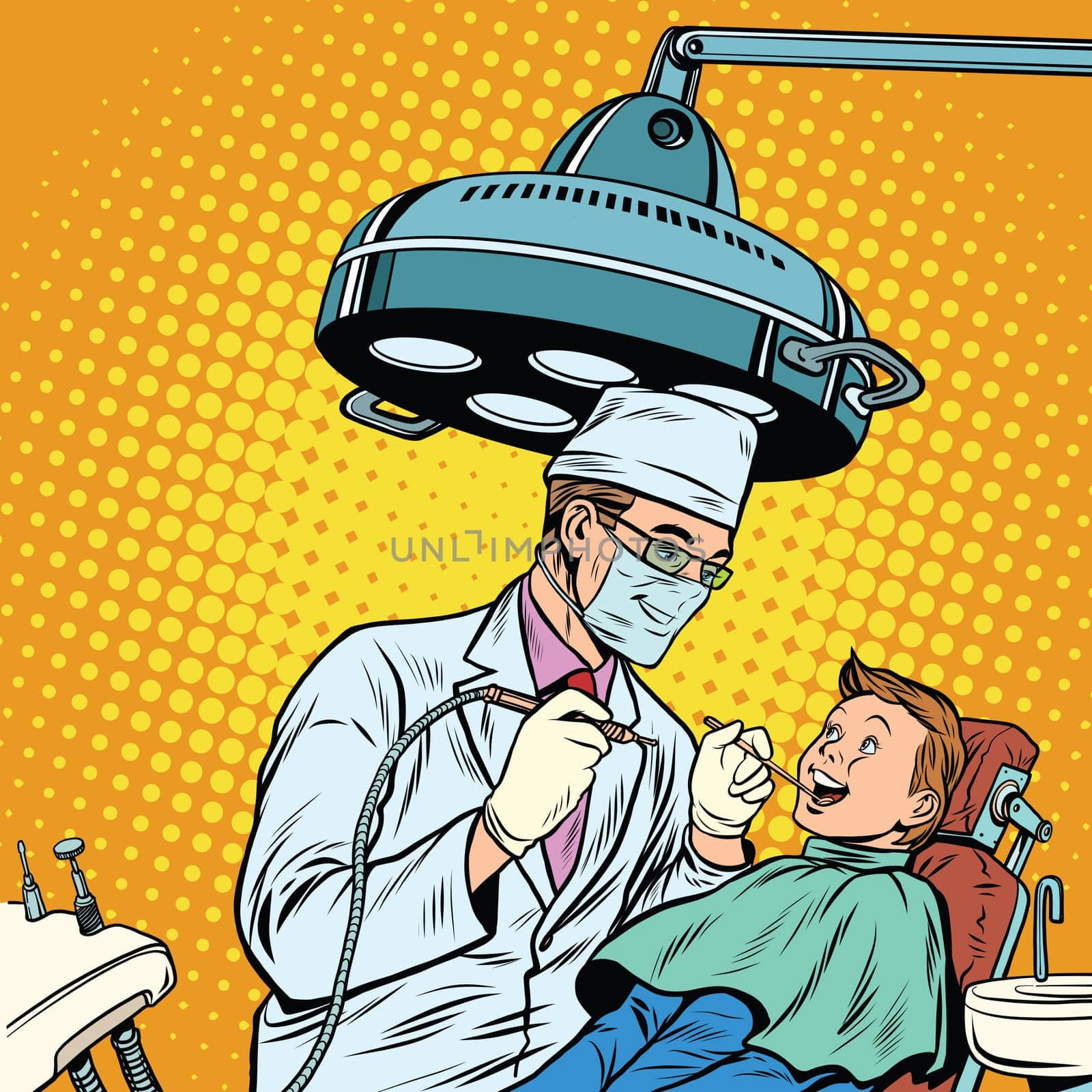 Dentist treats teeth boy. Pop art retro vector illustration. Medicine and health care. happy patient