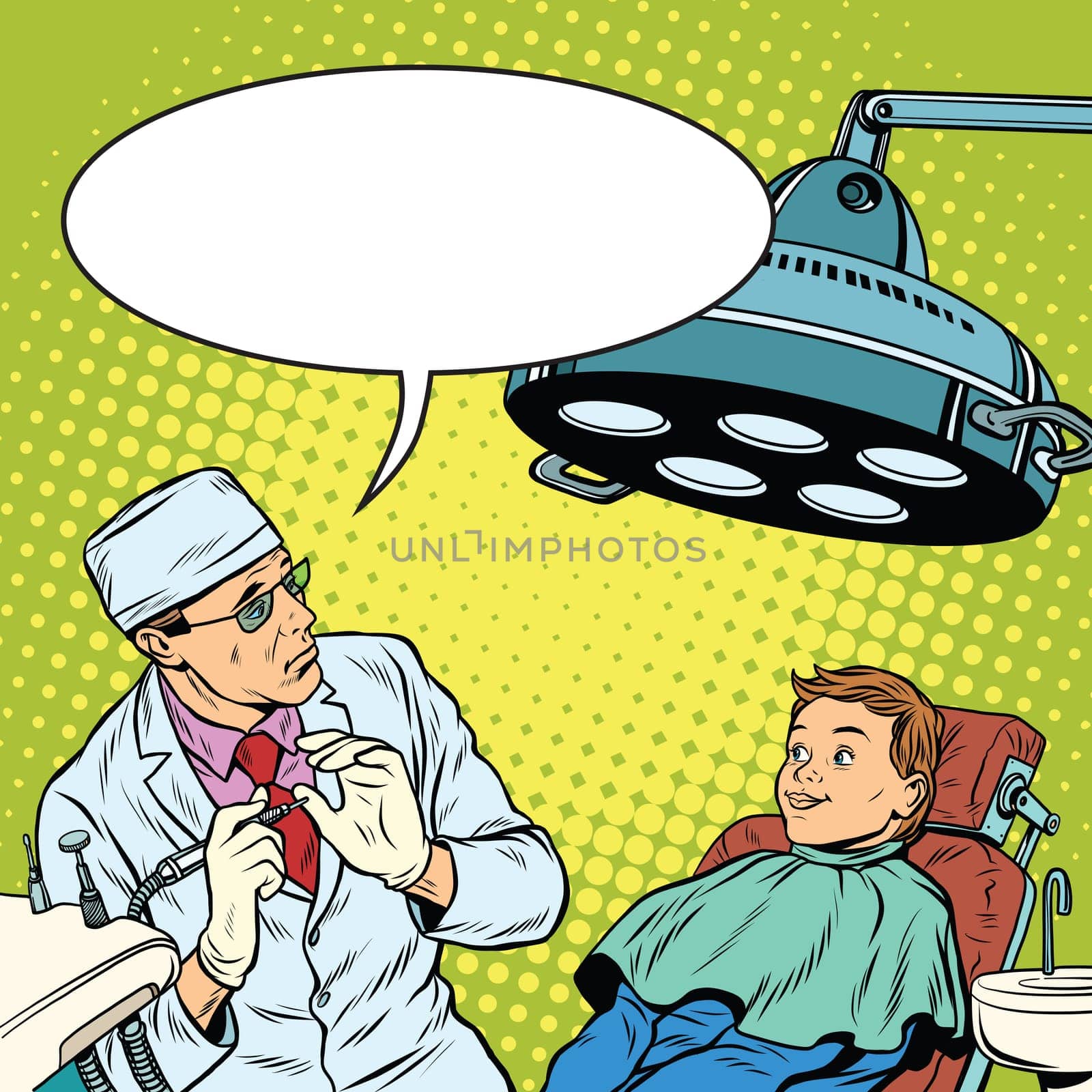 dentist afraid happy boy. Pop art retro vector illustration. Medical humor