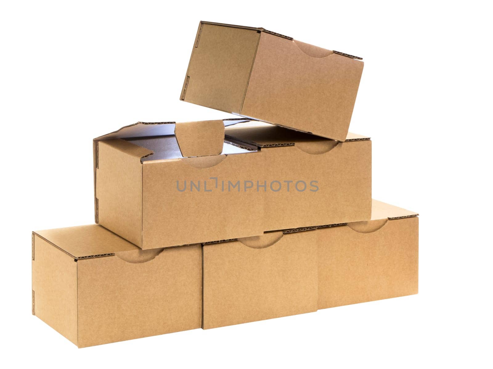 Six stacked small brown cardboard boxes insulated on white with individual opened internally illuminated cardboard.