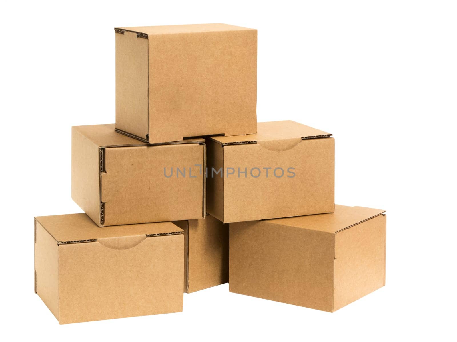 Six stacked small brown cardboard boxes insulated on white.