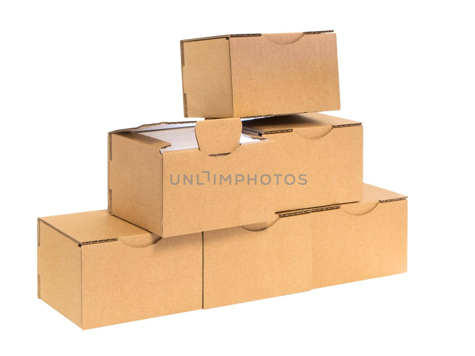 Six stacked small brown cardboard boxes insulated on white with individual opened internally illuminated cardboard.