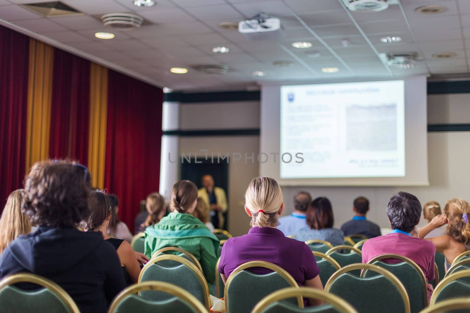 Business and entrepreneurship symposium. Speaker giving a talk at business meeting. Audience in the conference hall. Rear view of unrecognized participant in audience.