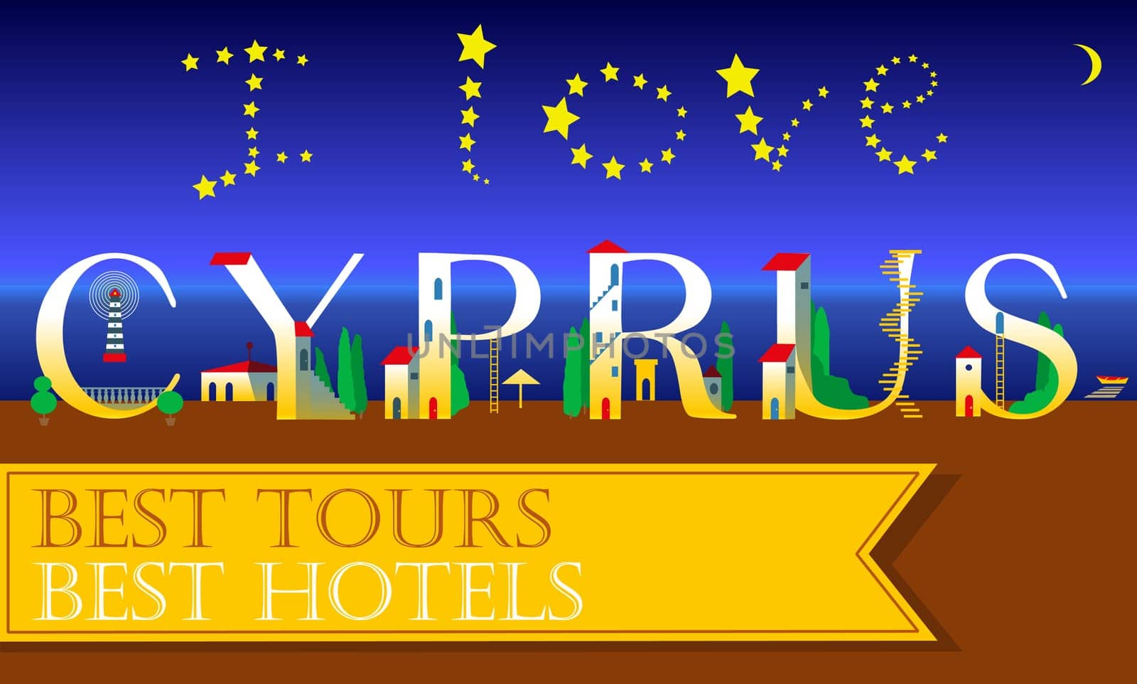 I love Cyprus Inscription. Holiday houses Font. Best tours. Best hotels. Night beach. Stars in the sky. Unusual font. Illustration.