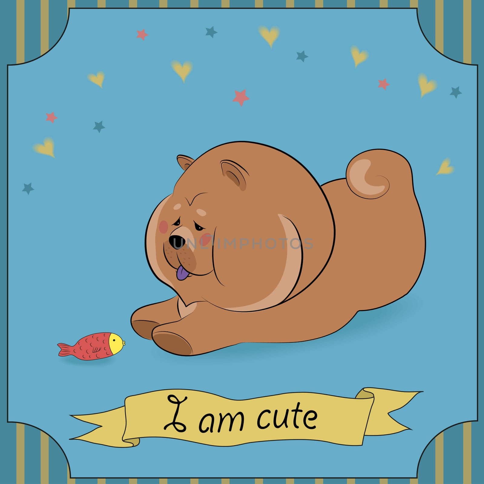 Cute dog chow-chow with small red fish. I am cute inscription. Yellow banner. Colorful stars and hearts with blue background. Vintage card. Illustration.