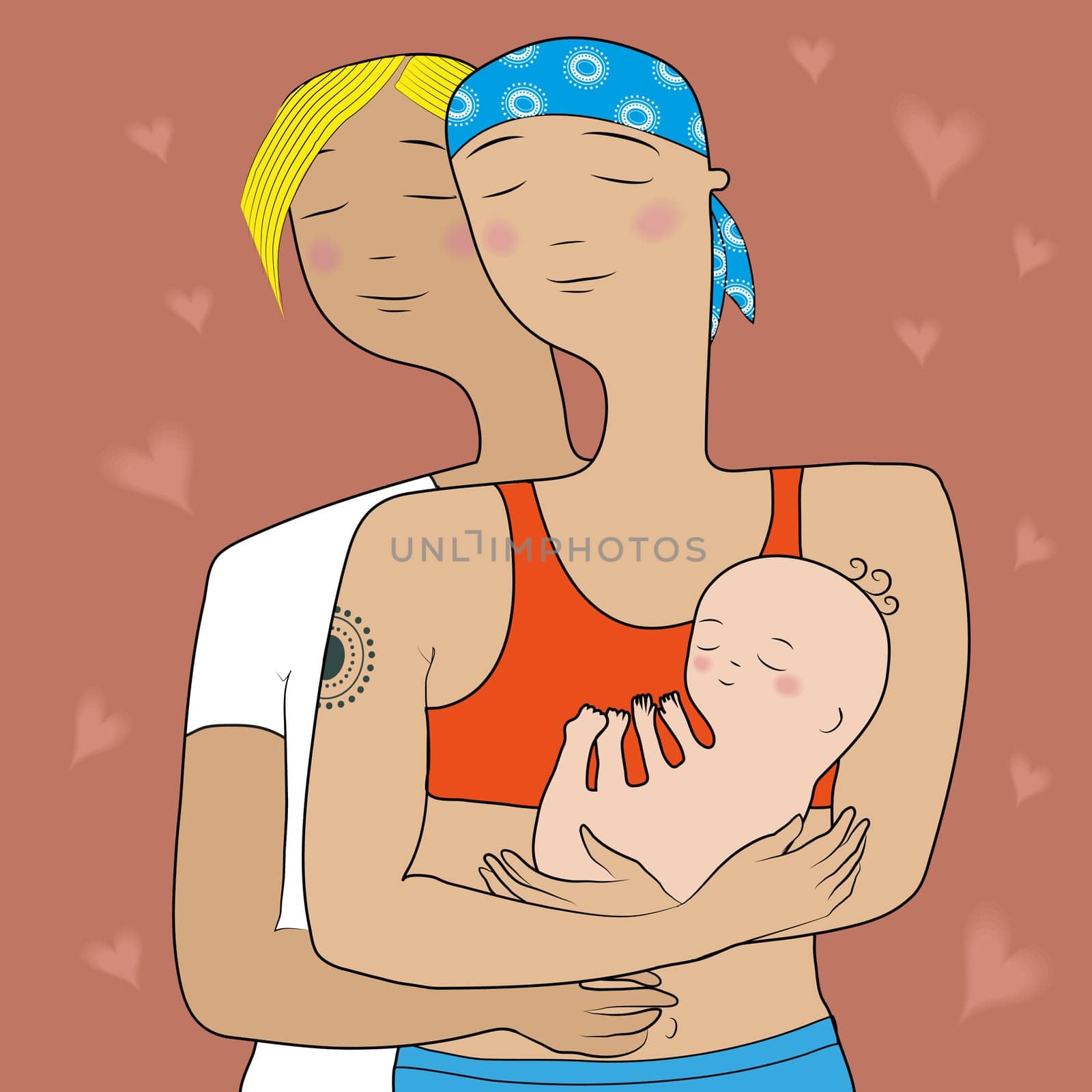 Two happy lesbian moms. Gay family. Women with baby. Illustration