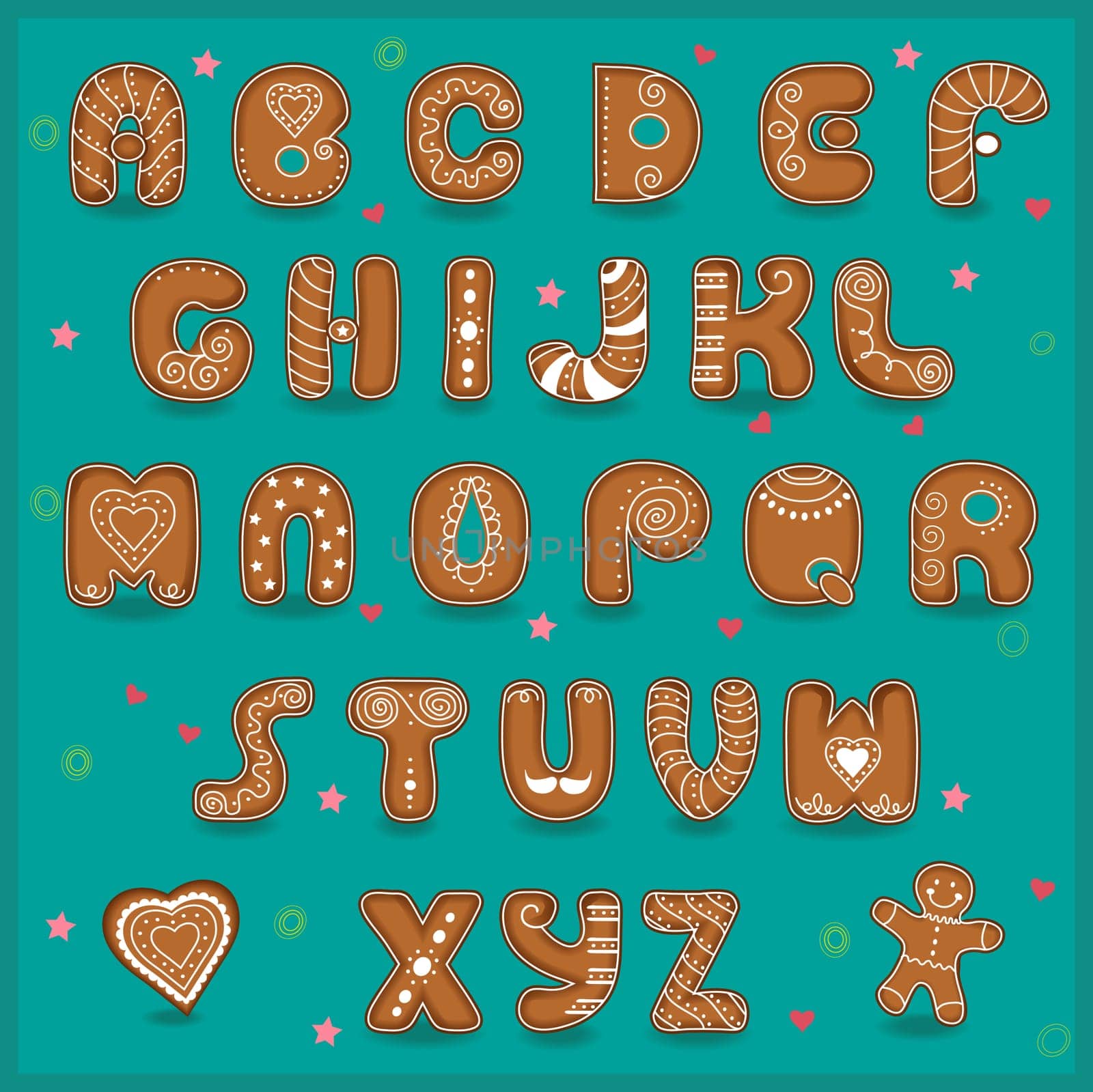 Festive font. Funny cookies. Gingerbread alphabet. Illustration.
