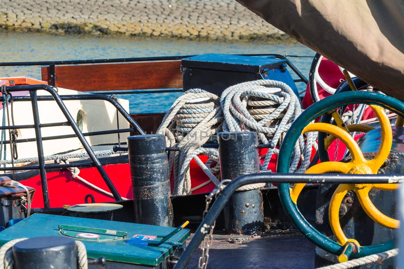 View of the deck from an antique steel sailing ship in Holland.