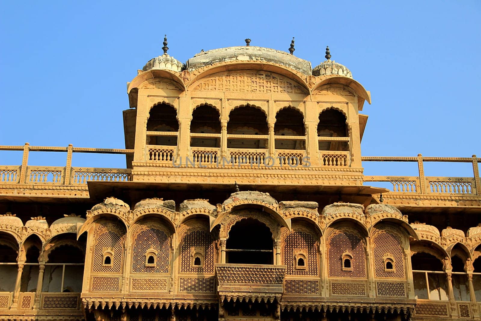 Top portion of facade of Haweli at Jaisalmer Fort in Jaisalmer, Rajasthan, India, Asia
