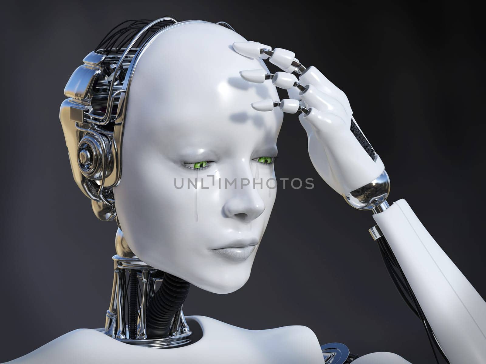 3D rendering of a female robot looking sad and crying, image 1. Dark background.