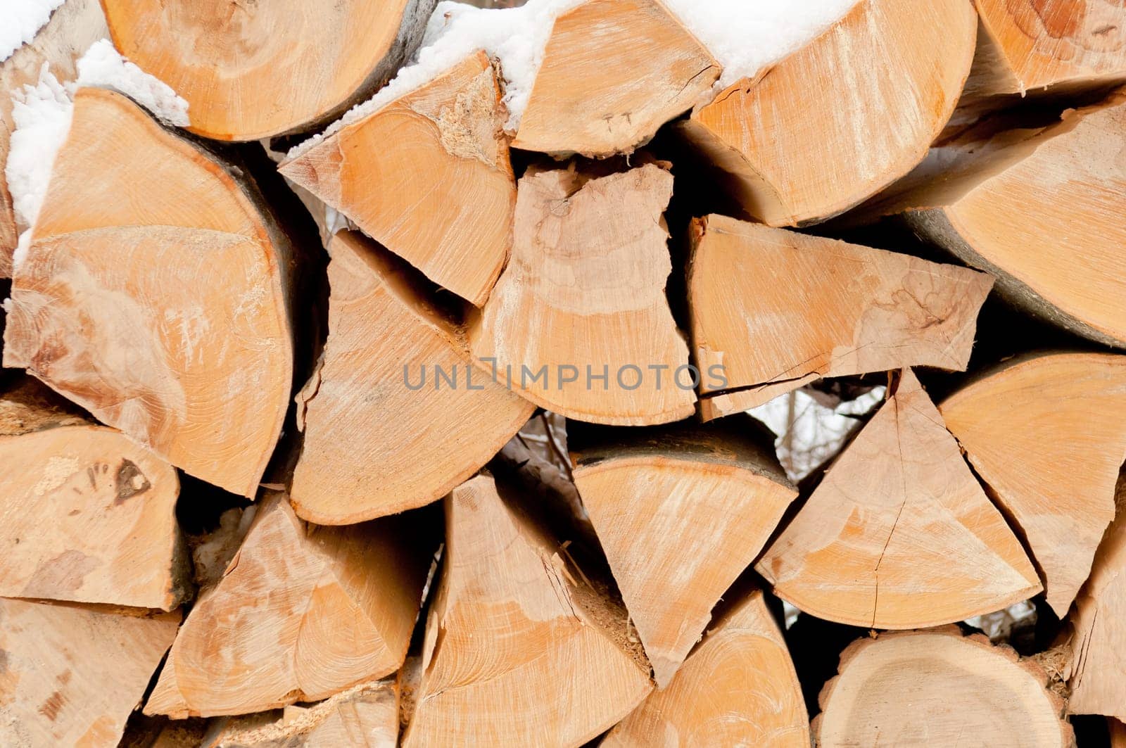 Natural wooden background Chopped firewood on stack
