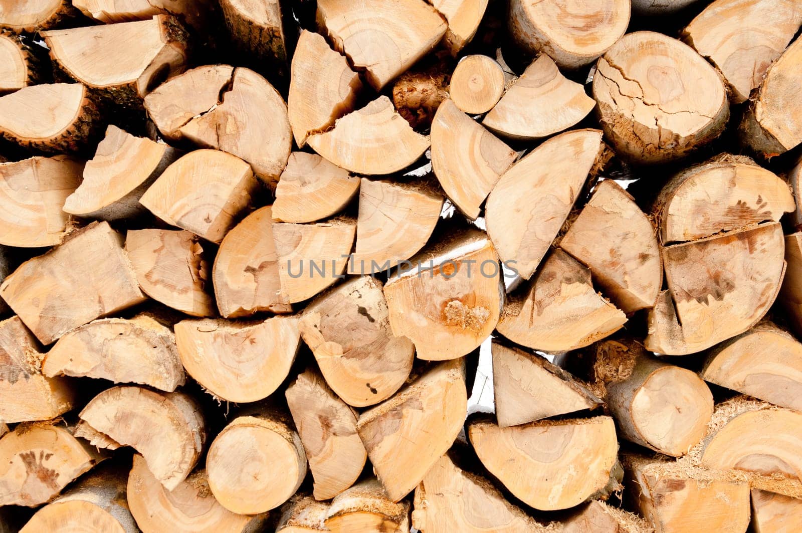Natural wooden background Chopped firewood on stack