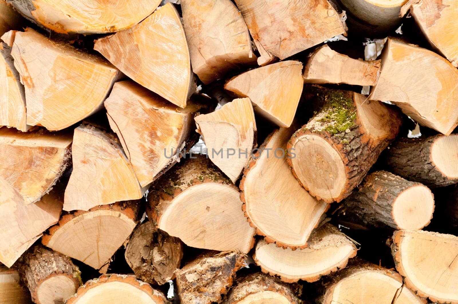 Natural wooden background Chopped firewood on stack