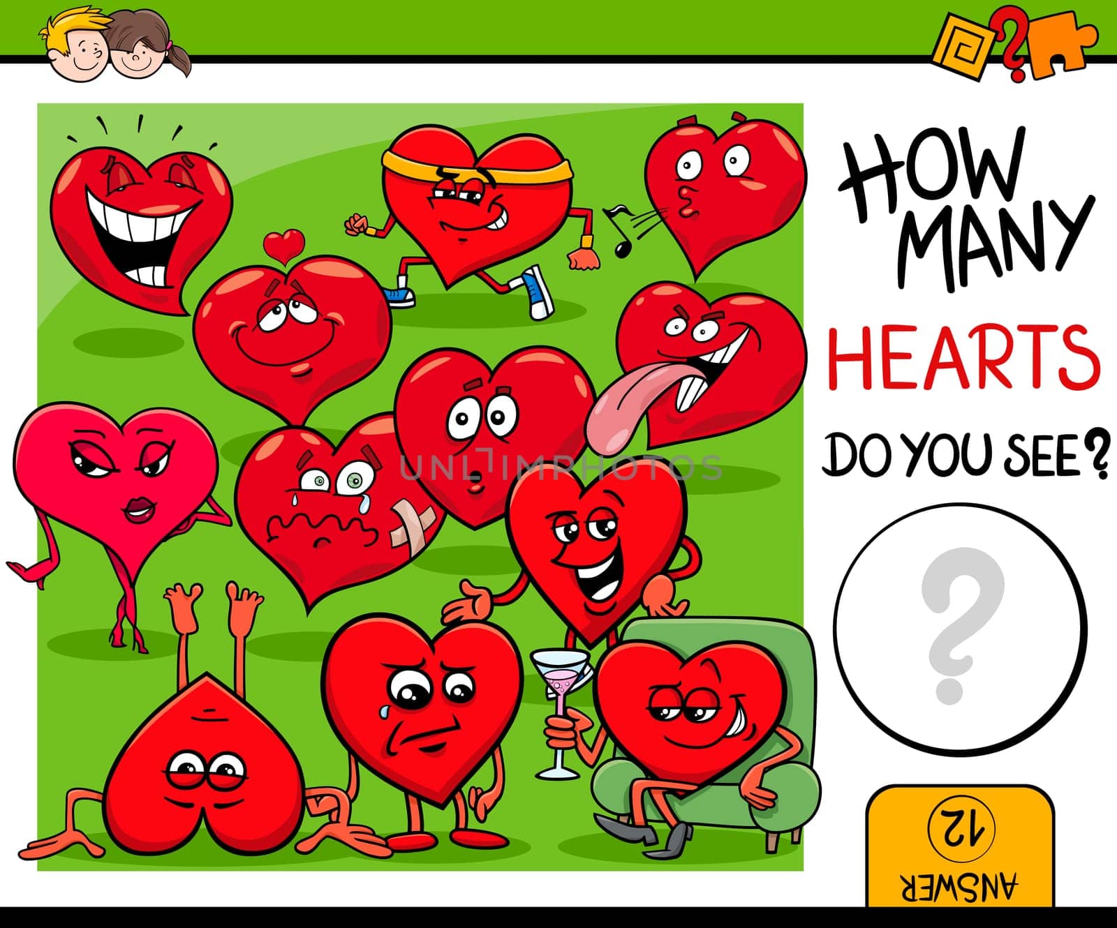 Cartoon Illustration of Educational Counting Activity for Children with Hearts Valentines Day Characters
