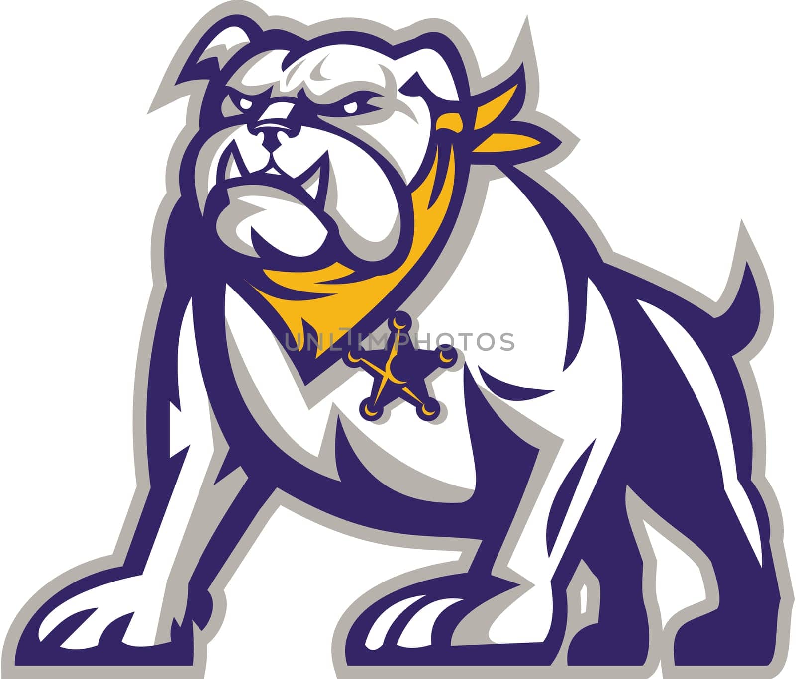 Illustration of a bulldog mongrel mascot sheriff crouching viewed from front set on isolated white background done in retro style.