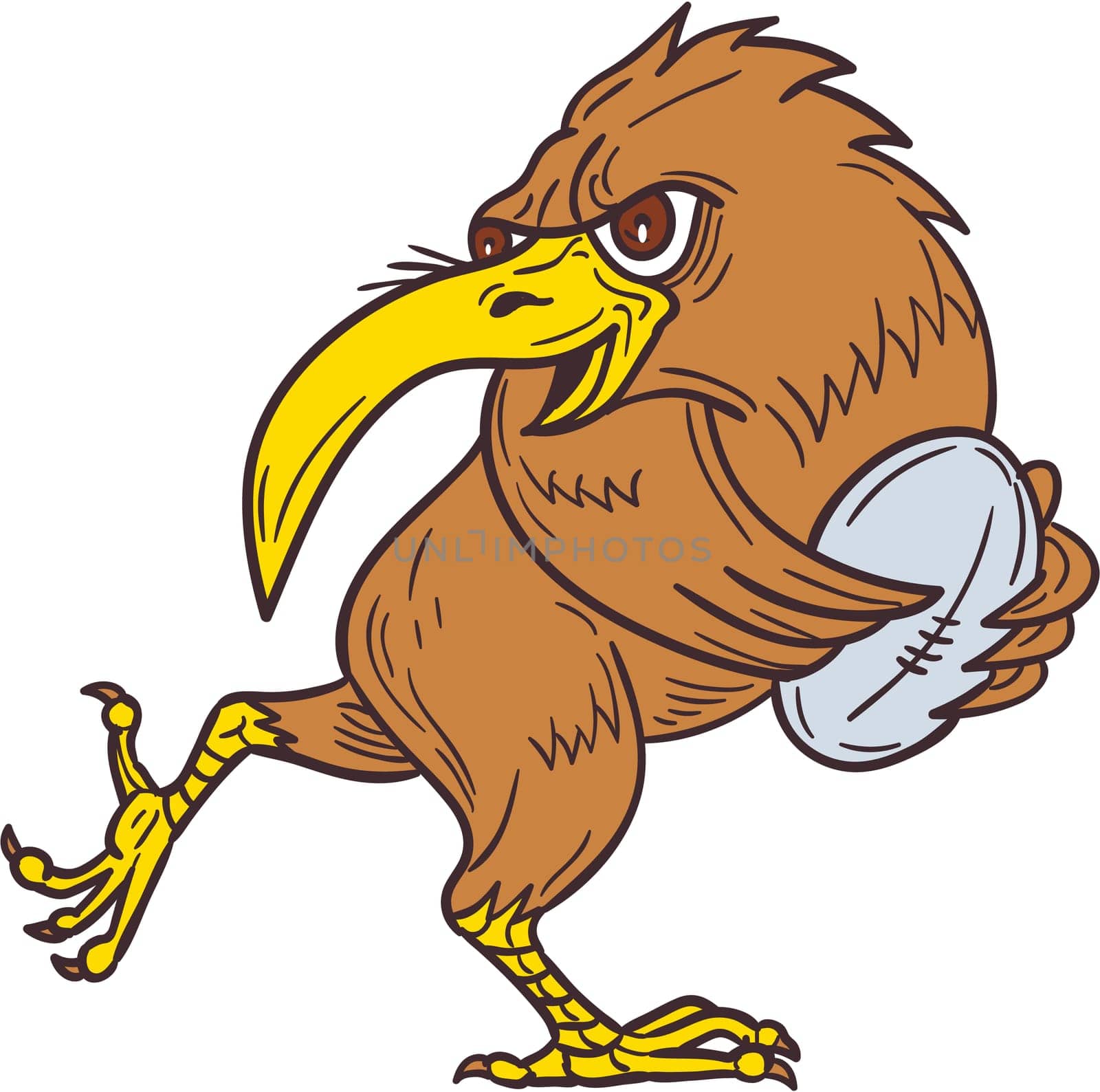 Drawing sketch style illustration of a kiwi bird running with rugby ball viewed from the side set on isolated white background.