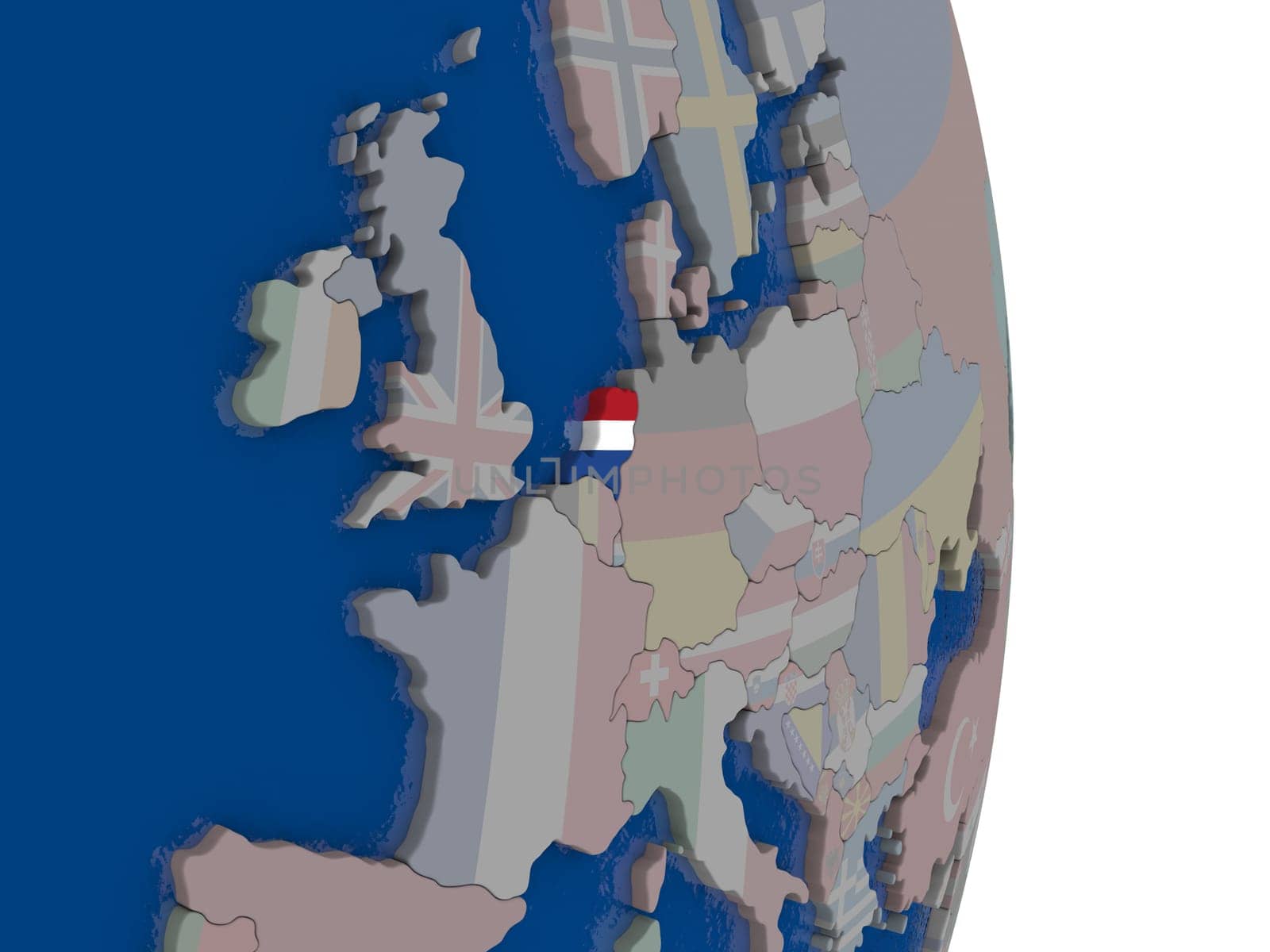 Map of Netherlands with its flag on globe. 3D illustration