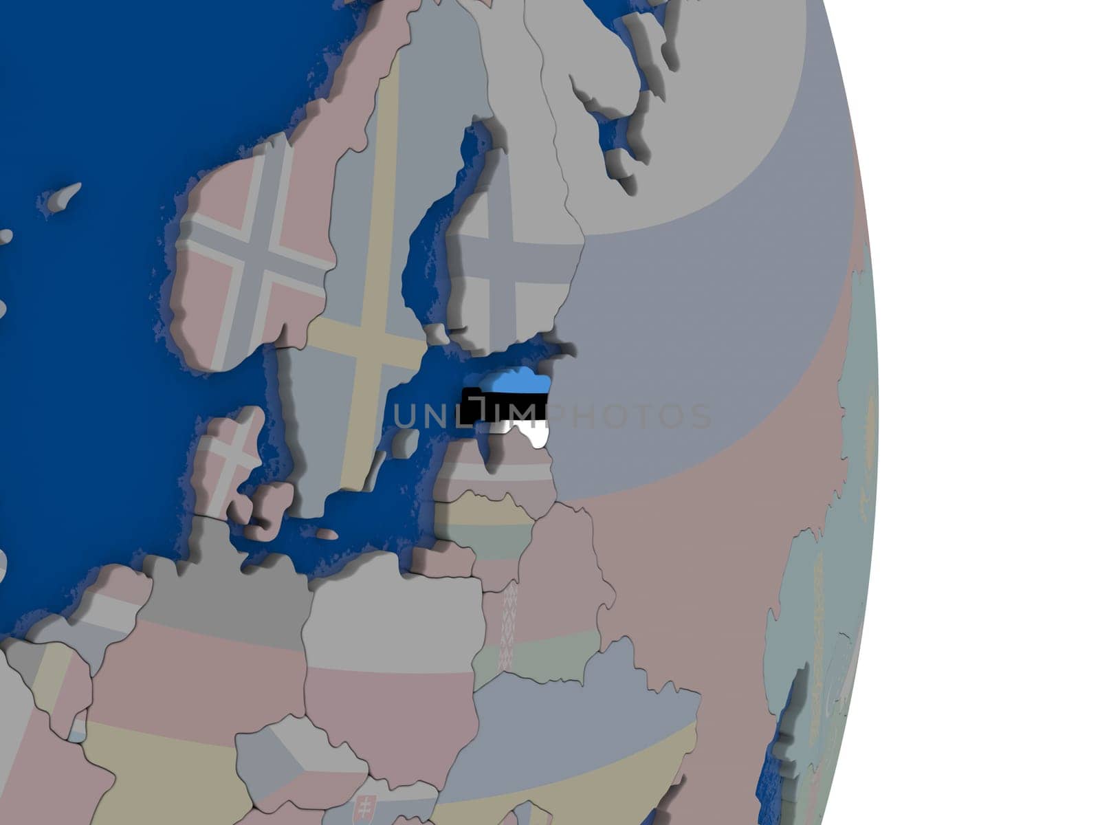Map of Estonia with its flag on globe. 3D illustration