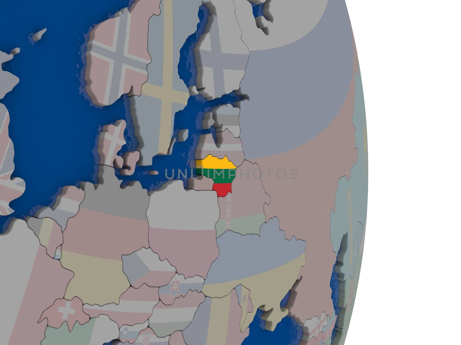 Map of Lithuania with its flag on globe. 3D illustration