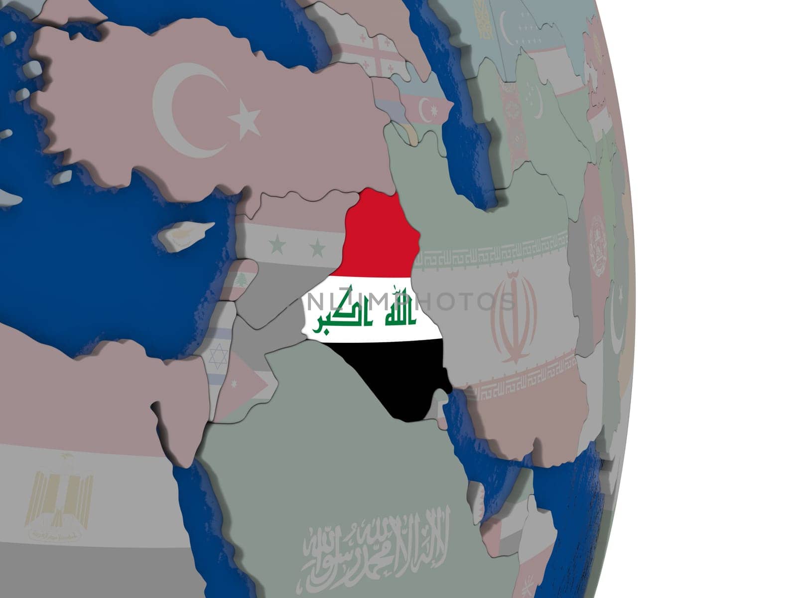 Map of Iraq with its flag on globe. 3D illustration