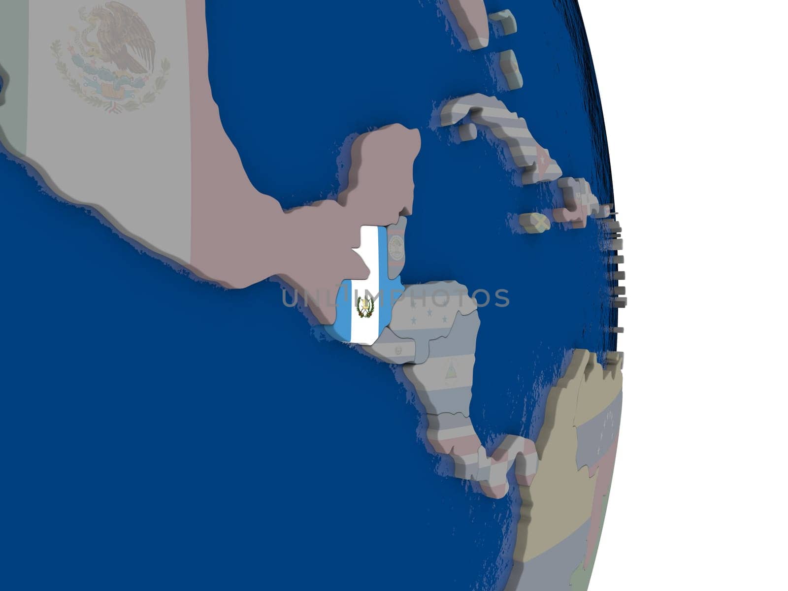 Map of Guatemala with its flag on globe. 3D illustration