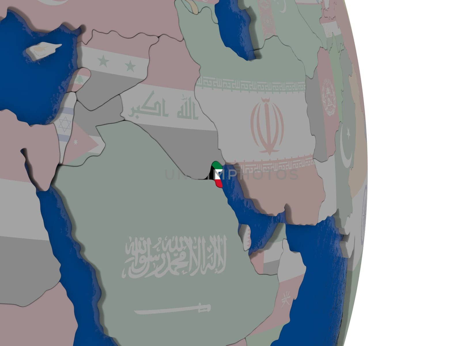 Map of Kuwait with its flag on globe. 3D illustration