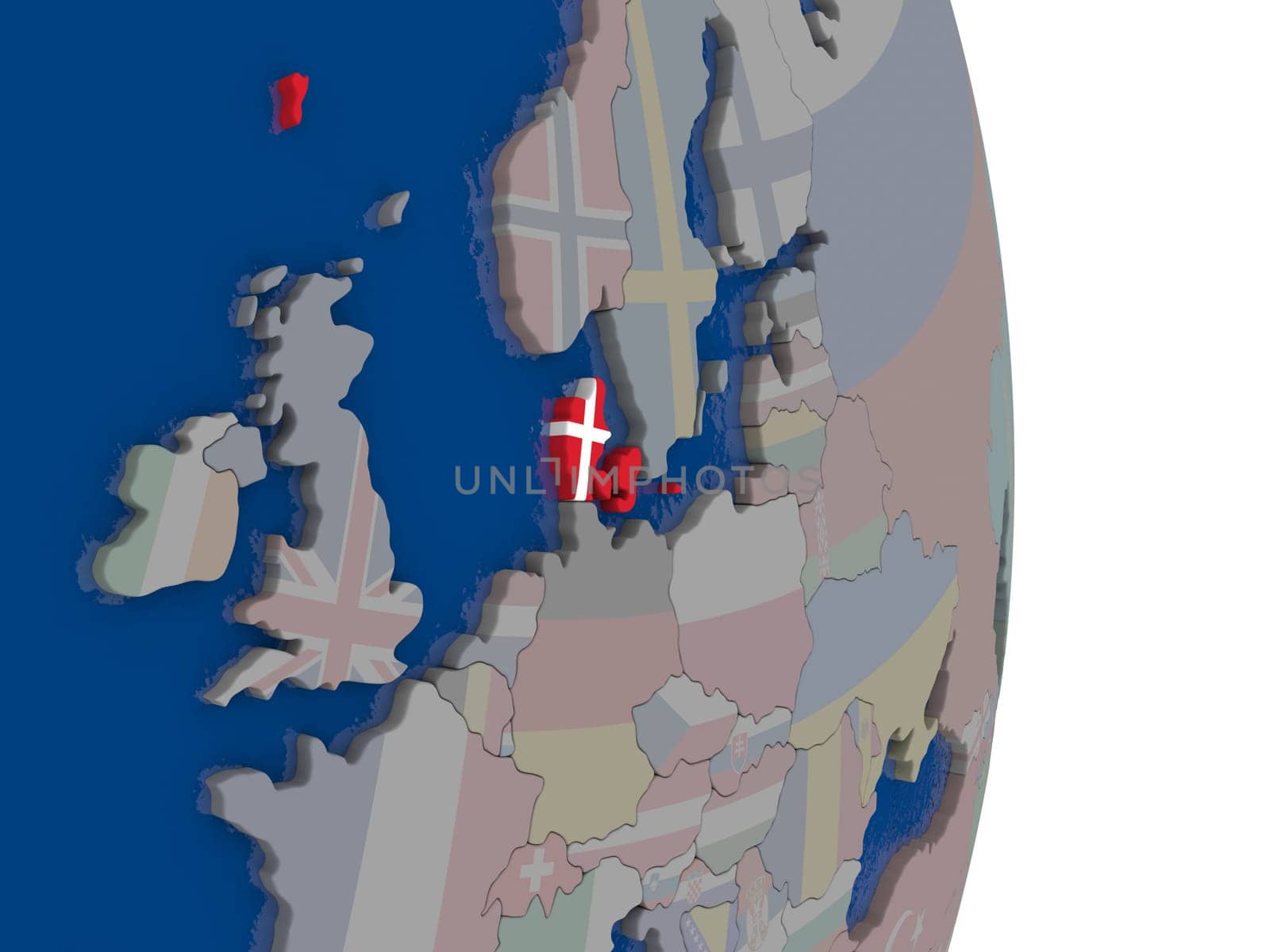 Map of Denmark with its flag on globe. 3D illustration
